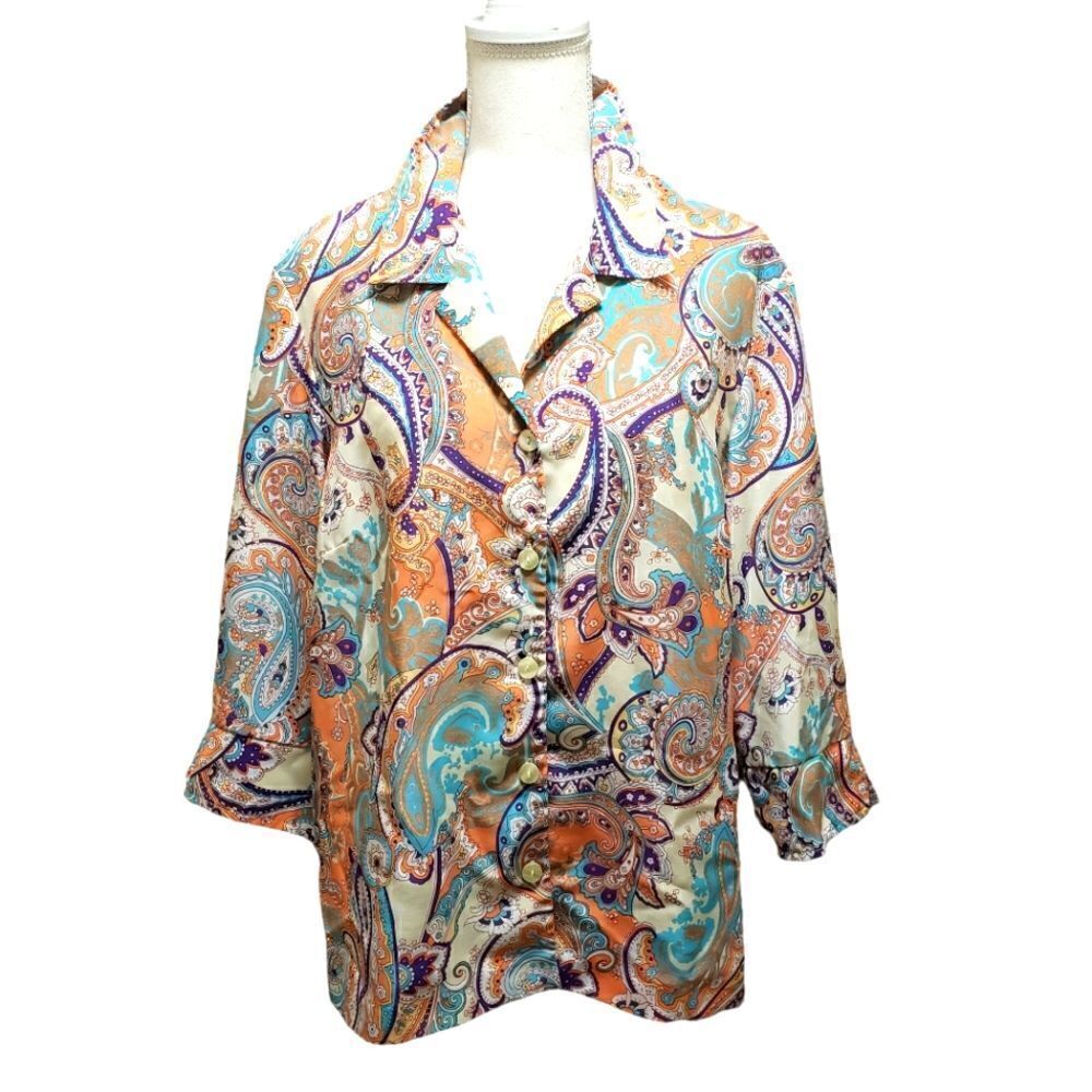 Blair Multicolored Paisley Print Button Down 3/4 Sleeve Top Sz Large